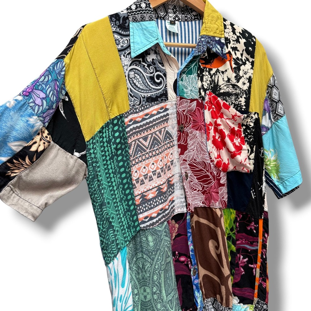 Peaceful People Mens Patchwork Rayon Button Down Shirt Multicolor Boho Medium - Picture 2 of 7